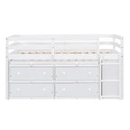 White Twin Size Solid Wood Loft Bed with Retractable Desk and Drawers