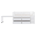 White Twin Size Solid Wood Loft Bed with Retractable Desk and Drawers