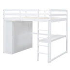 White Full Size Solid Wood Loft Bed with Wardrobe, Desk, and Shelves