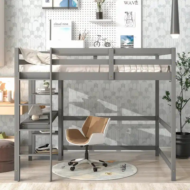 Grey Full Size Wood Loft Bed with Built-in Desk and Safety Guardrails