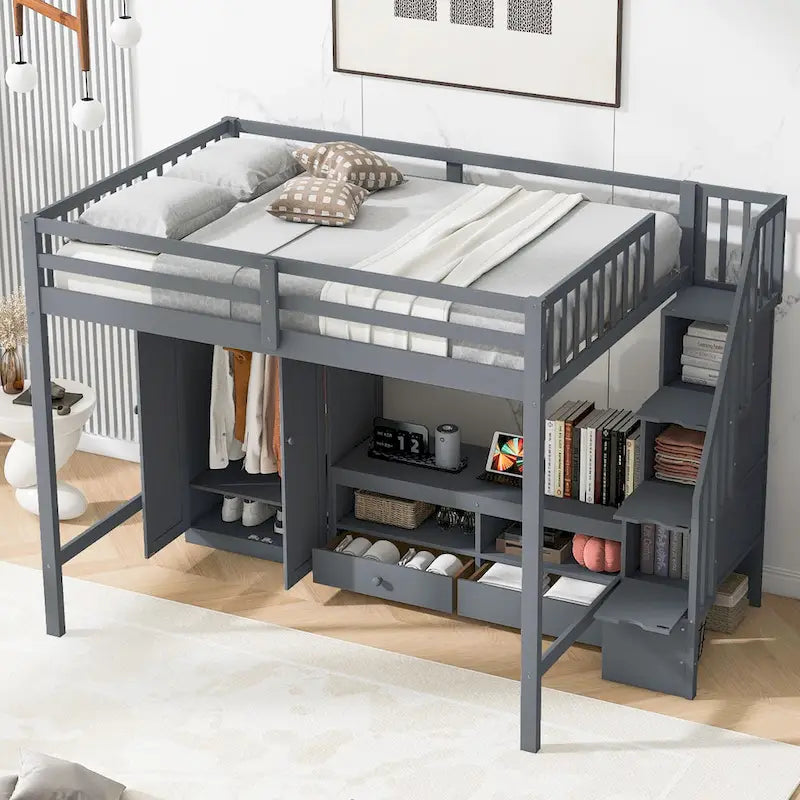 Gray Full Solid Wood Loft Bed with Wardrobe & Storage Table
