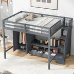 Gray Full Solid Wood Loft Bed with Wardrobe & Storage Table