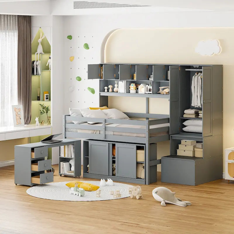 Gray Full Size Wooden Loft Bed with Integrated Wardrobe & Desk
