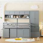 Letto a soppalco in legno grigio per letto matrimoniale, con armadio e scrivania integrati