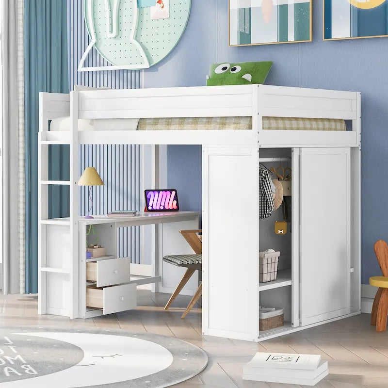 Full Pine Loft Bed with Wardrobes and Desk