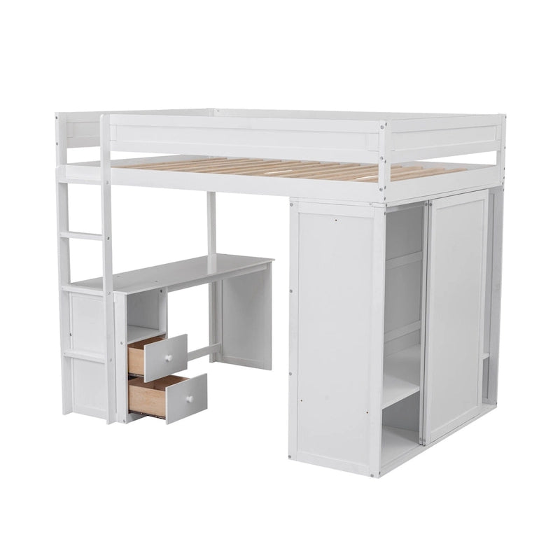 Full Pine Loft Bed with Wardrobes and Desk
