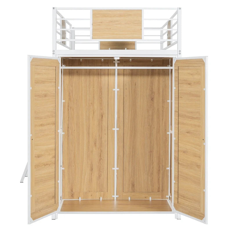 White Twin Size Metal Wood Loft Bed with L-shaped Desk and Ladder