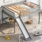 Letto a soppalco basso matrimoniale in pino con scivolo