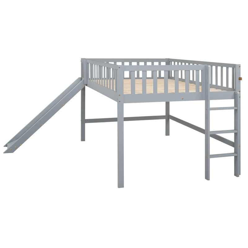Full Pine Low Loft Bed with Slide