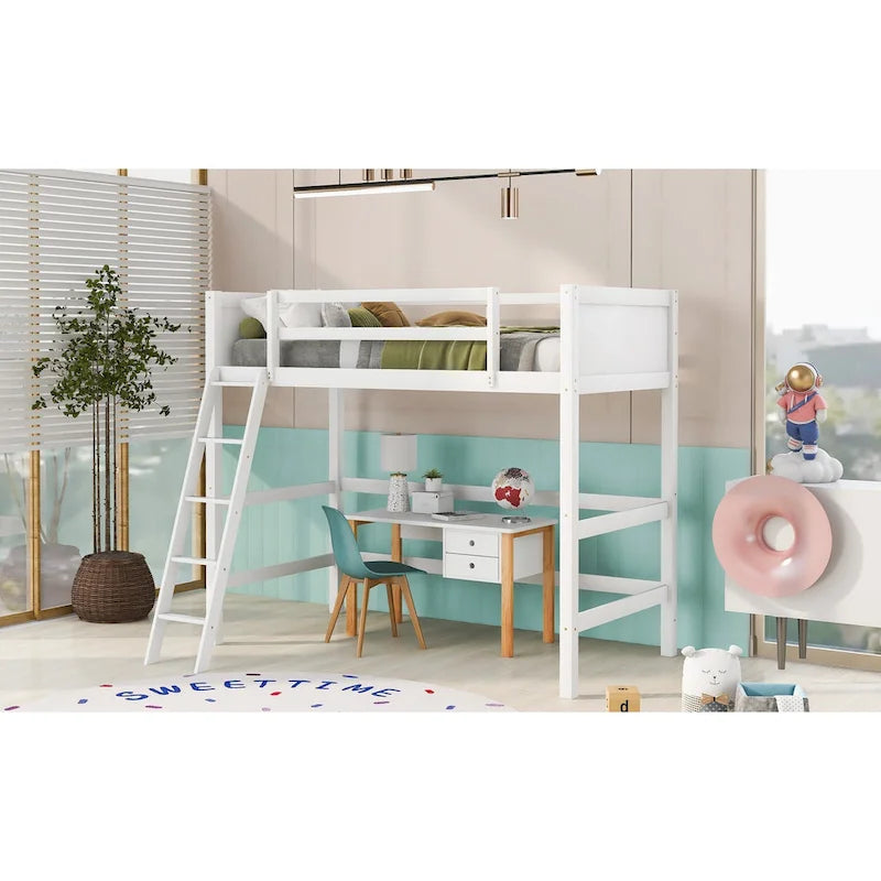 White Twin Metal Loft Bed with Built-in Desk and Storage Shelves