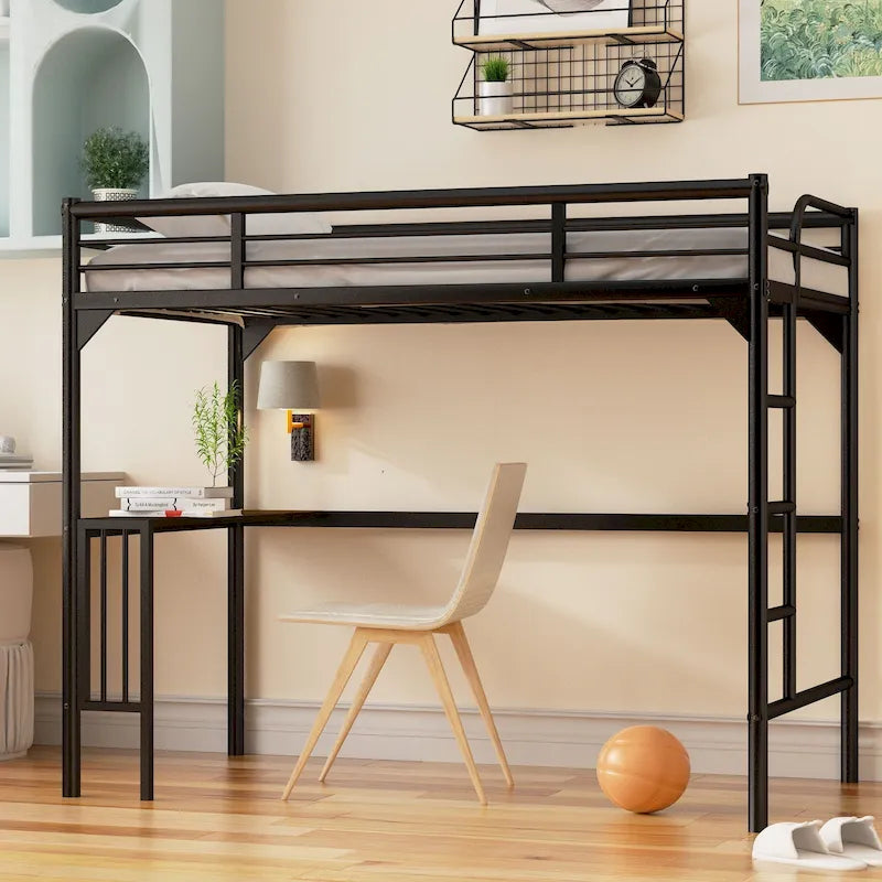 Black Twin Metal Loft Bed with Desk & Guardrails