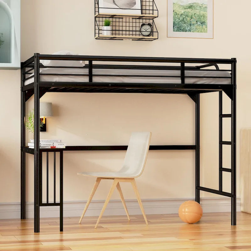 Black Twin Metal Loft Bed with Desk & Guardrails