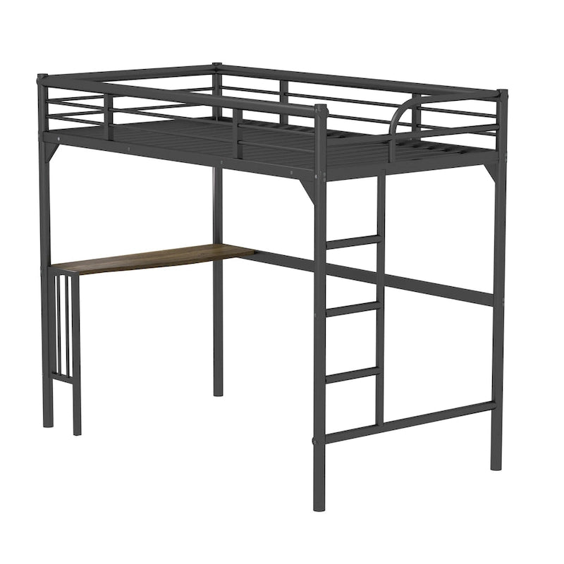 Black Twin Metal Loft Bed with Desk & Guardrails