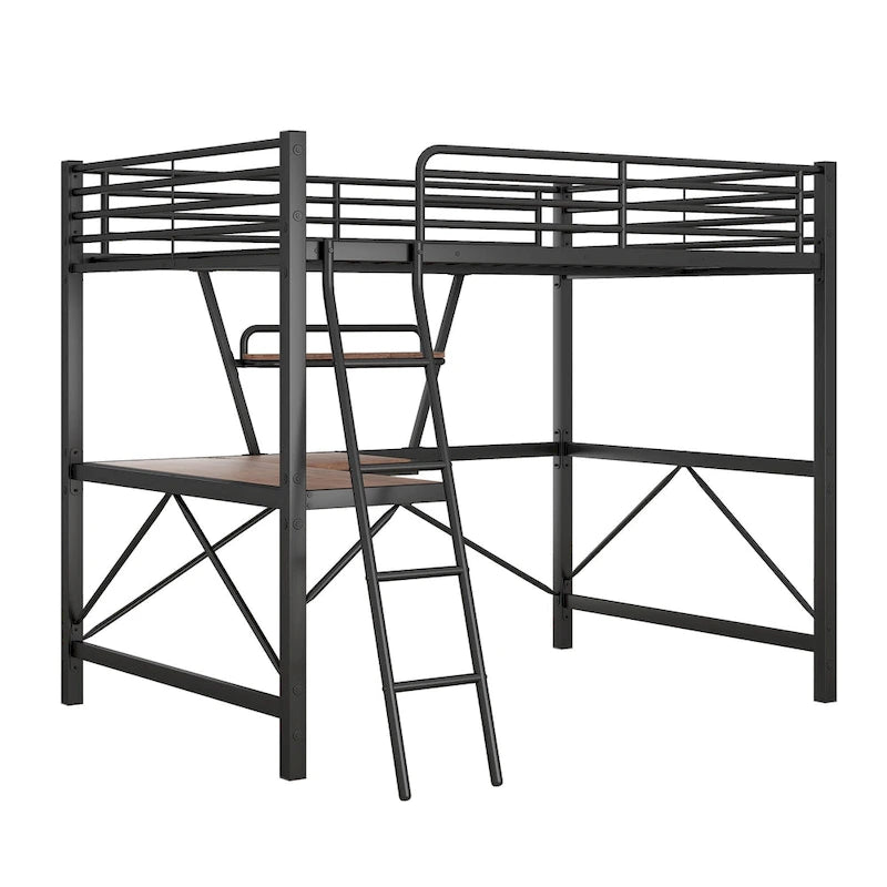 Metal Loft Bed with Desk and Guardrail