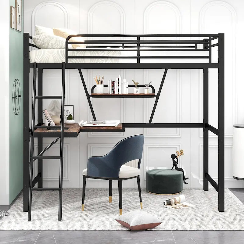 Metal Loft Bed with Desk and Guardrail