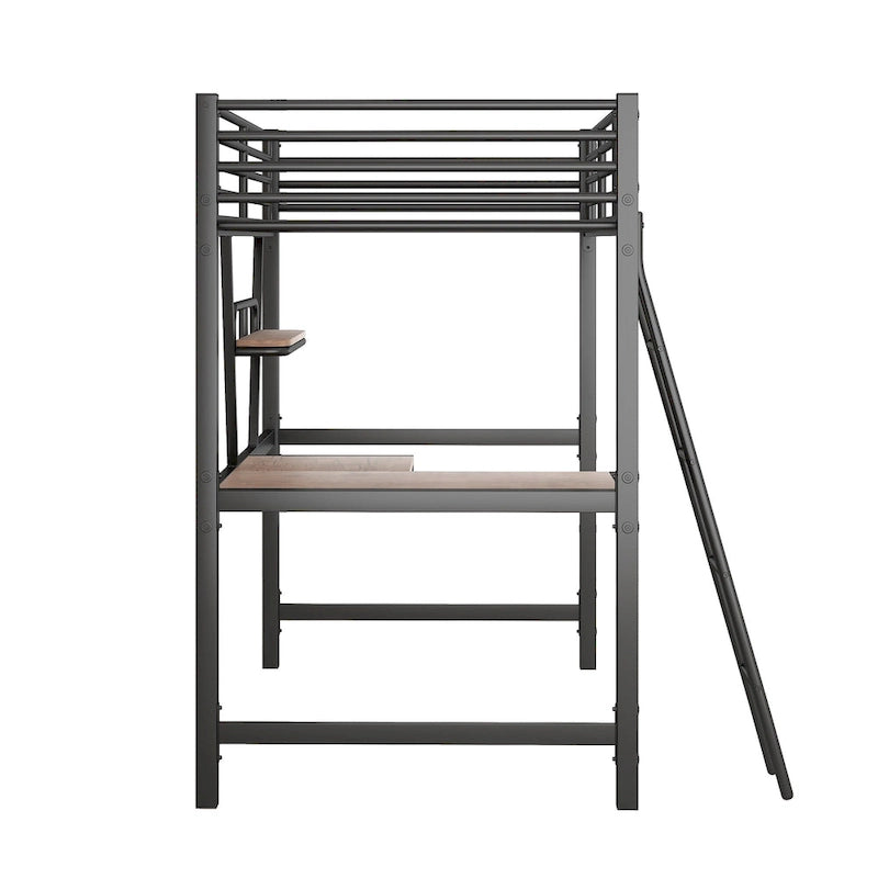 Metal Loft Bed with Desk and Guardrail