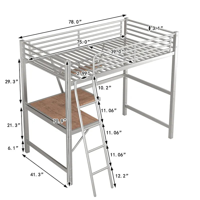 Metal Loft Bed with Desk and Guardrail