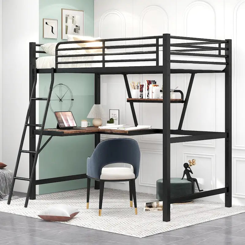 Twin Metal Loft Bed with Desk and Guardrail