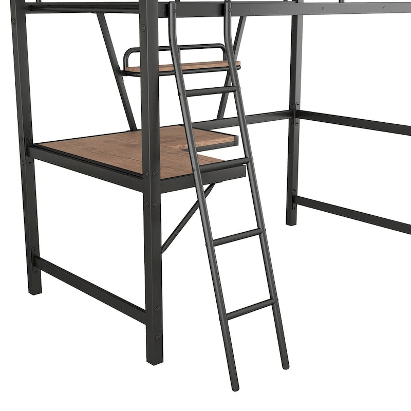 Twin Metal Loft Bed with Desk and Guardrail
