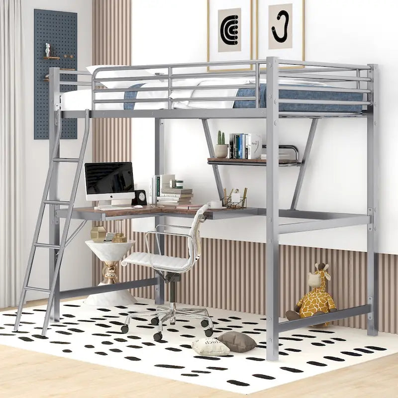 Twin Metal Loft Bed with Desk and Guardrail