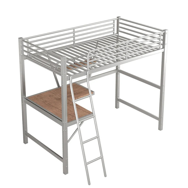 Twin Metal Loft Bed with Desk and Guardrail