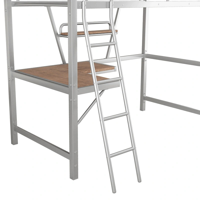 Twin Metal Loft Bed with Desk and Guardrail