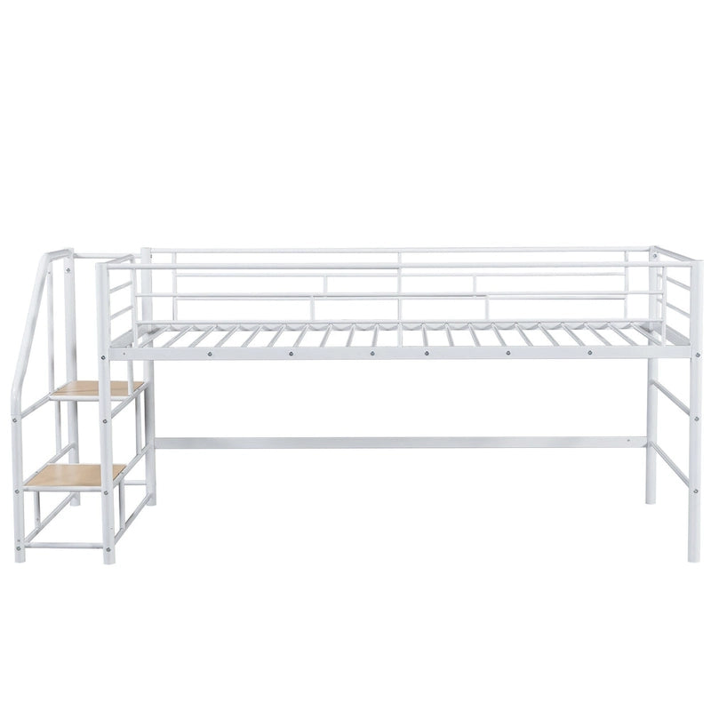 White Twin Size Metal Mid Loft Bed with Storage Stairs and Fence