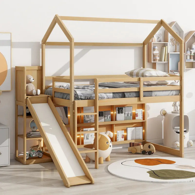 Twin Wood House Loft Bed with Slide