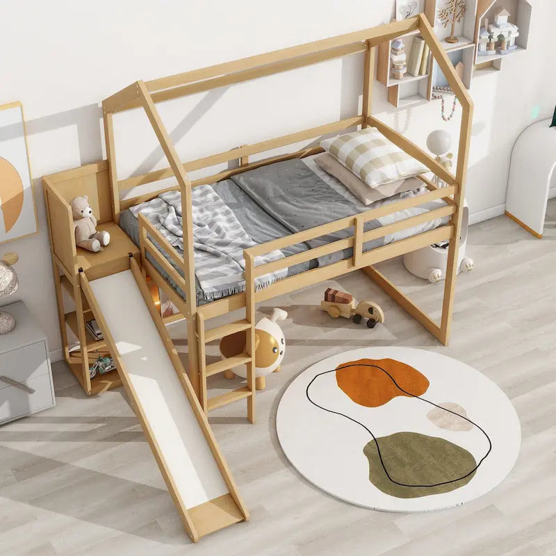 Twin Wood House Loft Bed with Slide