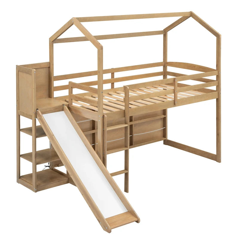 Twin Wood House Loft Bed with Slide