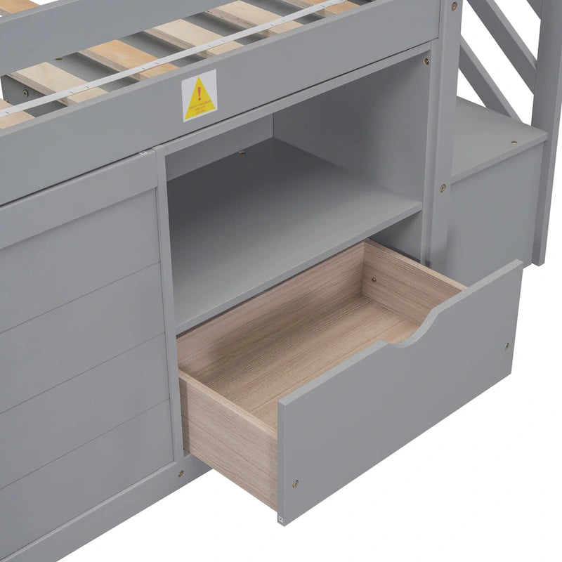 Gray Twin Solid Wood Low Loft Bed with Stair & Drawer