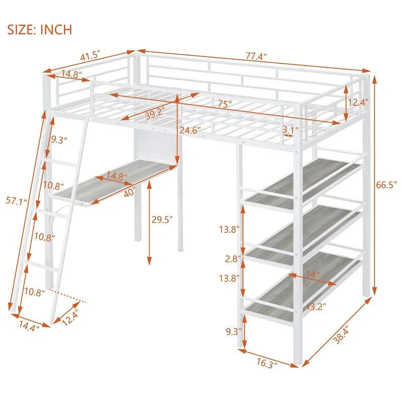 White Twin Loft Metal Bed with Shelves