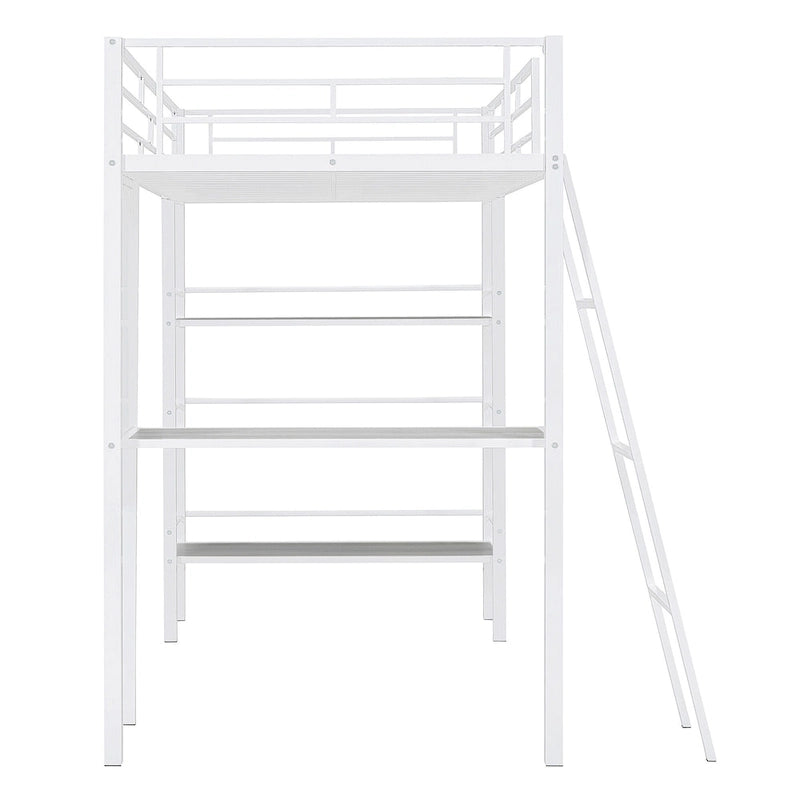 White Twin Loft Metal Bed with Shelves