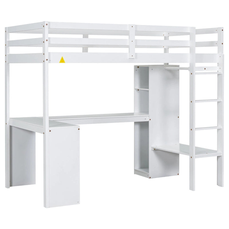 Solid Wood Loft Bed with L-shaped Desk and Storage Shelves