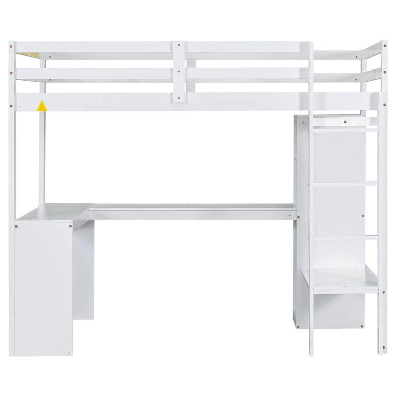 Solid Wood Loft Bed with L-shaped Desk and Storage Shelves