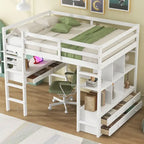 Cama alta de pino con escritorio y cajones integrados