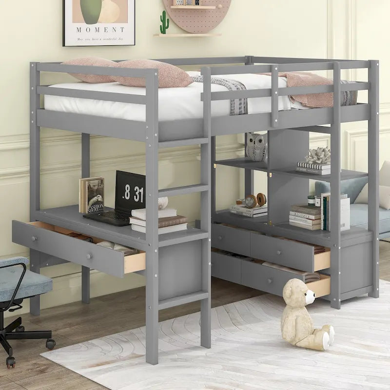 Pine Loft Bed with Built-in Desk & Drawers