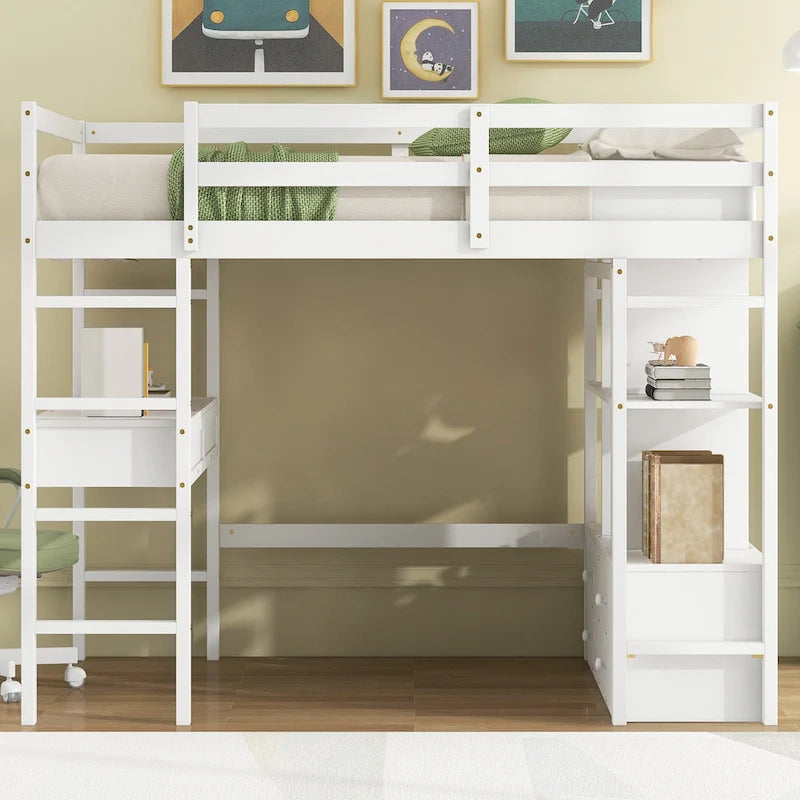 Pine Loft Bed with Built-in Desk & Drawers