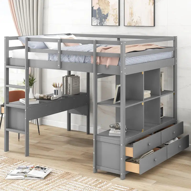 Pine Loft Bed with Built-in Desk & Drawers