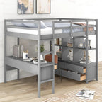 Cama alta de pino con escritorio y cajones integrados