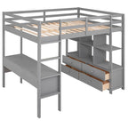 Cama alta de pino con escritorio y cajones integrados