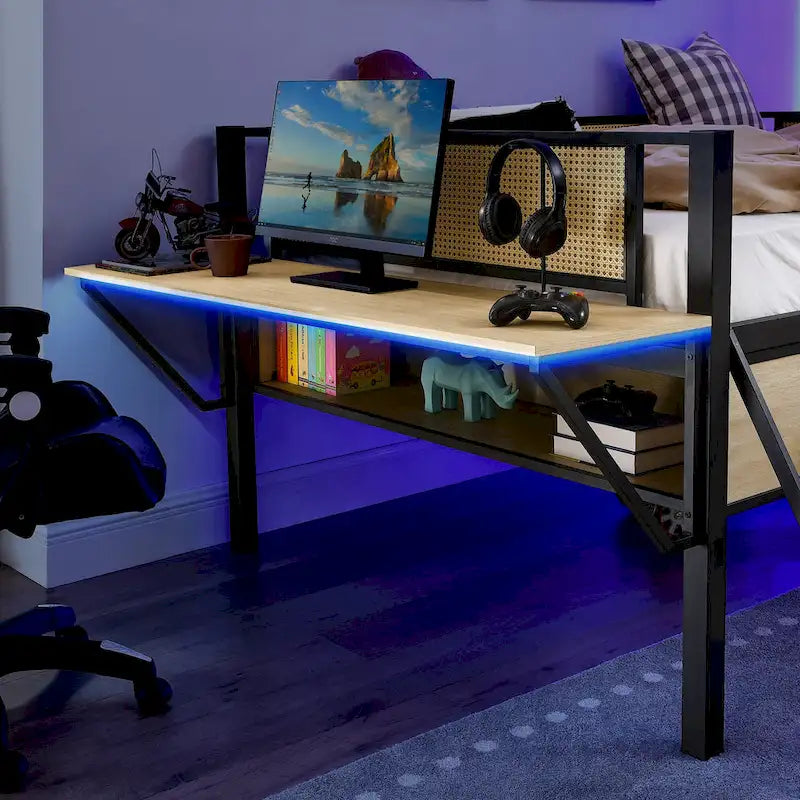 Metal Loft Bed with Desk, LED Lights & Storage