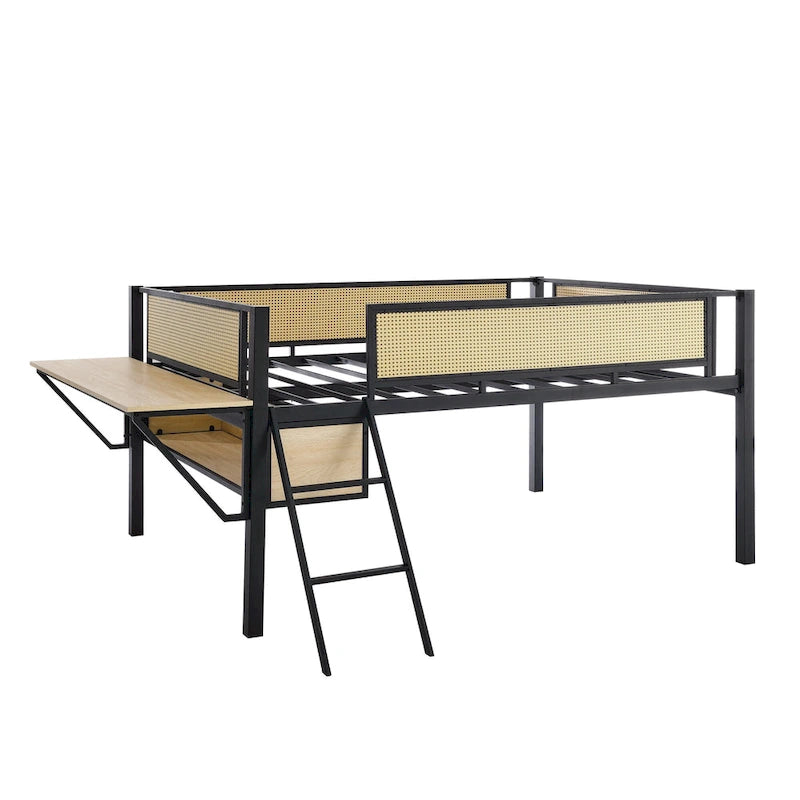 Metal Loft Bed with Desk, LED Lights & Storage