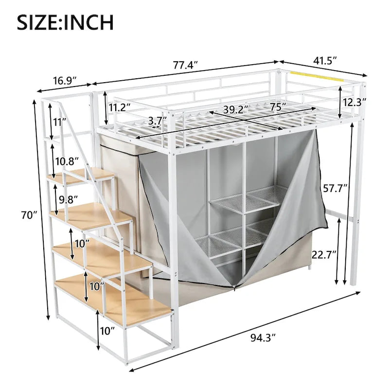 Twin Size Metal Loft Bed with Wardrobe & Storage Shelves for Kids