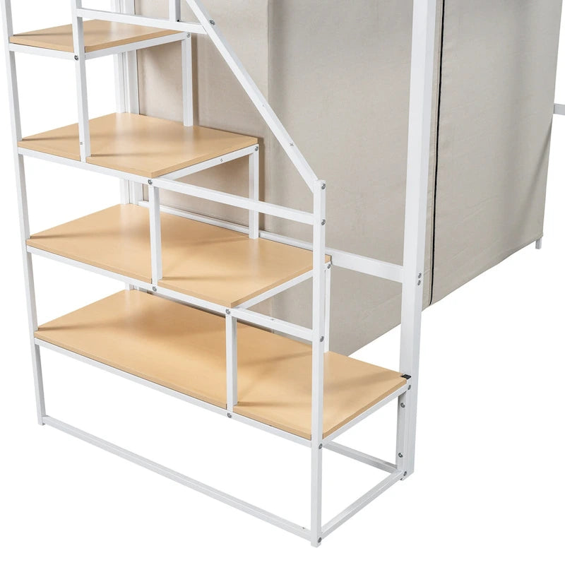Twin Size Metal Loft Bed with Wardrobe & Storage Shelves for Kids