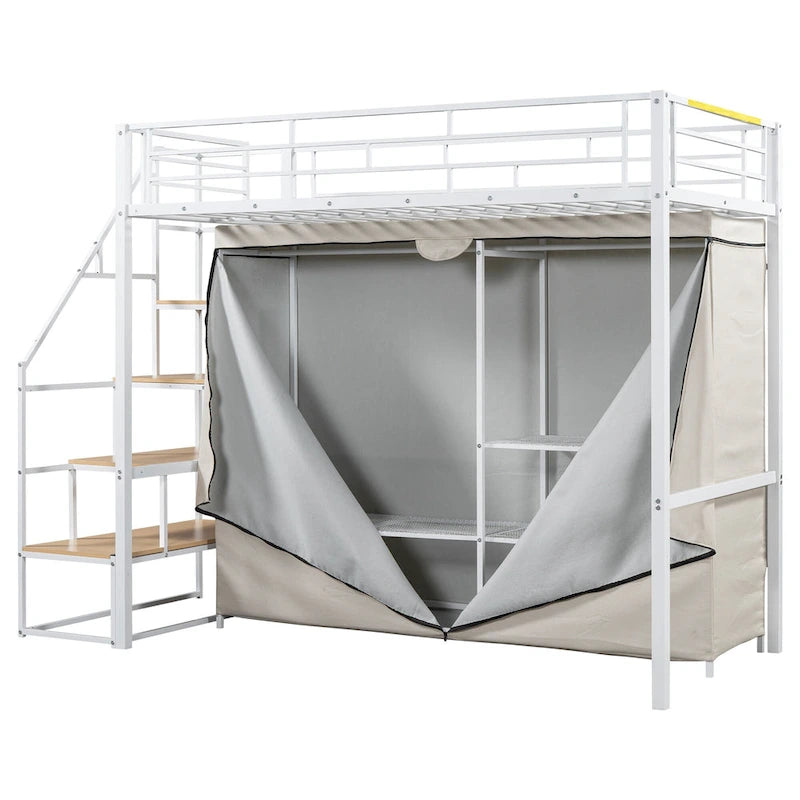 Twin Size Metal Loft Bed with Wardrobe & Storage Shelves for Kids