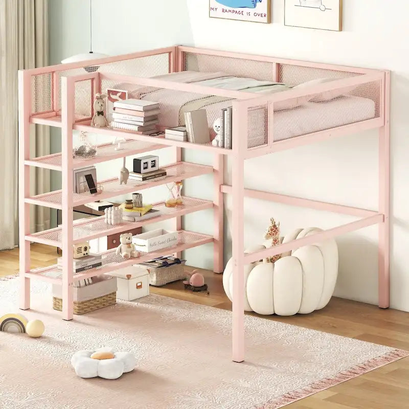 Pink Full Metal Loft Bed with Workstation