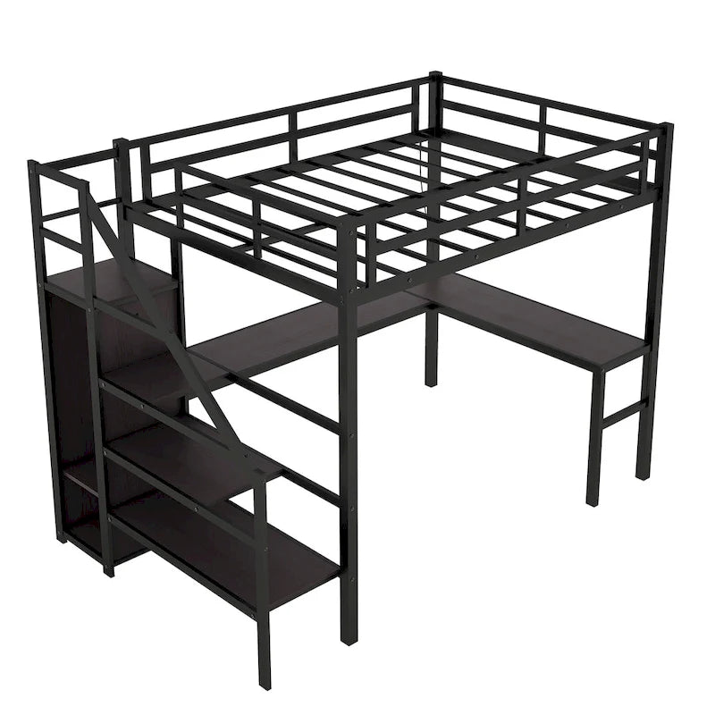 Full XL Size Metal Loft Bed with L-shaped Desk, USB, and LED for Kids and Teens