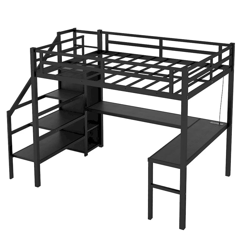 Full XL Size Metal Loft Bed with L-shaped Desk, USB, and LED for Kids and Teens