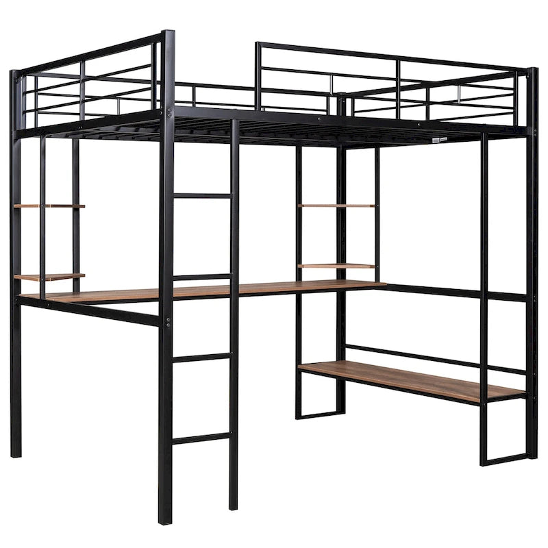 Full Metal Loft Bed with Long Desk & Shelves